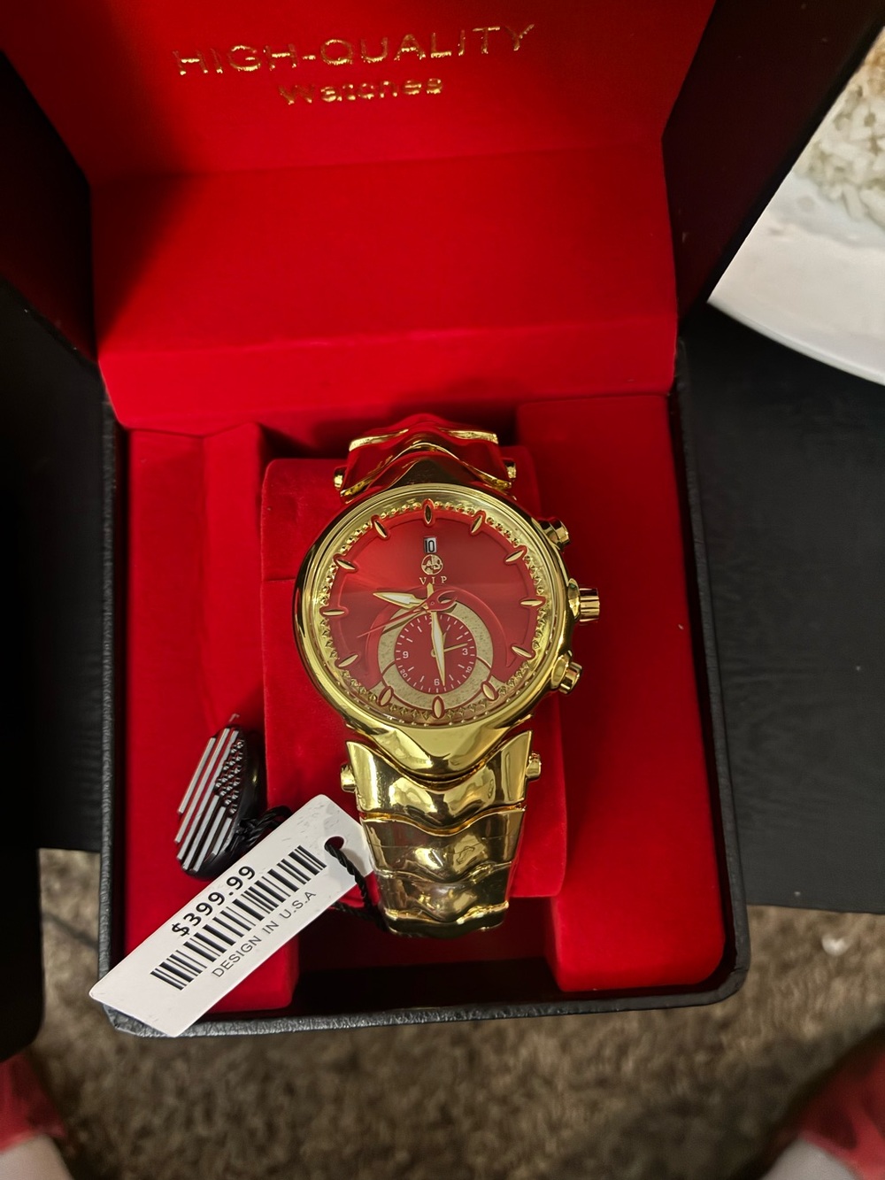 Gold-Tone Men's Watch with Red Dial